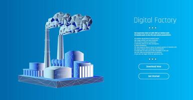 Digital factory depiction showcasing modern industrial design with stylized smokestacks and factories in a blue background vector
