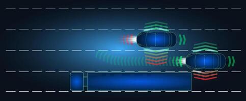 Detailed depiction of vehicle detection and lane change technology on a digital interface during nighttime conditions vector