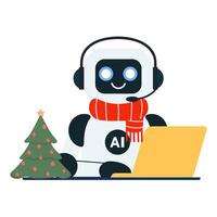 Cute chat bot robot with yellow laptop with a Christmas tree and a red scarf vector