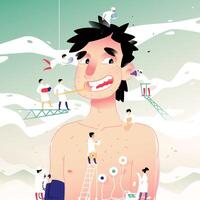 Illustration of a cheerful man at a doctor's reception. A young man undergoes medical prophylaxis and tests. Flat illustration for banner and site. Cute character. vector