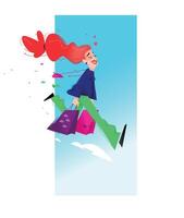 Illustration of a cute girl with shopping. Cute red-haired girl is running with phone and packages. Image is isolated on white background. Flat illustration for print and website. vector
