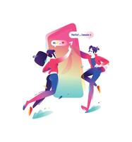 Illustration of a boy and a girl with a smartphone. Users of messenger. Two characters get acquainted with the chat. Illustration for banner and website. Modern means of communication. vector