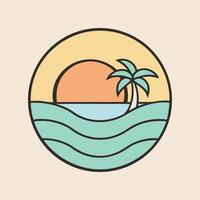 World Map Travel Nature Beach Scene with Palm Trees, Sun, and Ocean Waves vector