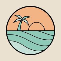 Travel Nature Beach Scene with Sunset, Palm Trees, and World Map Elements in Circle Design vector