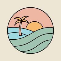 Travel Beach Nature with Sunset, Palm Trees, and Wavy Ocean Lines in Round Design vector