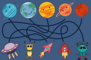 Children's logic game to pass the labyrinth. Space labyrinth, planets and aliens. Educational game. Kindergarten class, lesson, teaching, learning. Space labyrinth maze vector