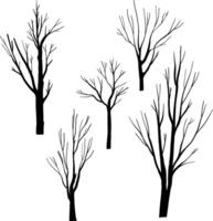 Bare trees Silhouettes Set, Leafless Tree Trunks Drawing with Bare Branches, Realistic Shape tree Sketch,Isolated on white background, for designs with autumn nature, winter, minimalistic themes vector