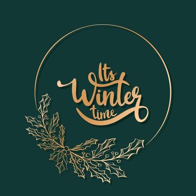Winter golden christmas wreath with leaves, berries, poinsettia and branch twigs. Modern design for Holidays invitation card, poster, banner, greeting card, postcard, packaging.