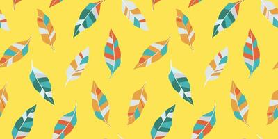 Seamless pattern with bright abstract tropical leaves on a yellow background. vector