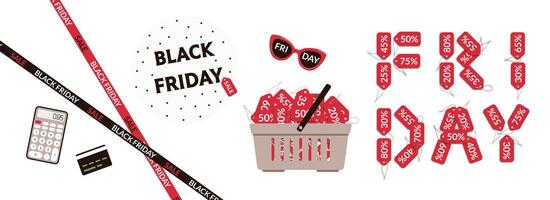 Black Friday Set of sale decorations in retro style isolated on white background. Flat illustration. vector