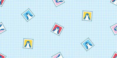 penguin seamless pattern stamp post mail bird cartoon doodle checked gift wrapping paper tile background repeat wallpaper illustration isolated design vector
