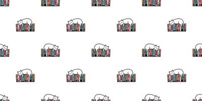 cat seamless pattern kitten sleeping book calico bookshelf munchkin neko pet cartoon doodle gift wrapping paper tile background repeat wallpaper illustration isolated design vector