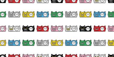 cat seamless pattern kitten clock smile calico munchkin neko crouch pet cartoon doodle gift wrapping paper tile background repeat wallpaper illustration isolated design vector