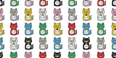 cat seamless pattern clock kitten smile calico munchkin neko pet cartoon doodle gift wrapping paper tile background repeat wallpaper illustration isolated colorful design vector