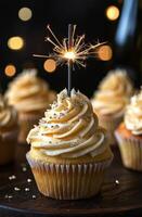 Delicious vanilla cupcakes with sparkler decorations at a festive celebration in joyful ambiance photo