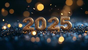 Brightly lit 2025 numbers surrounded by sparkling lights on a dark background at midnight photo
