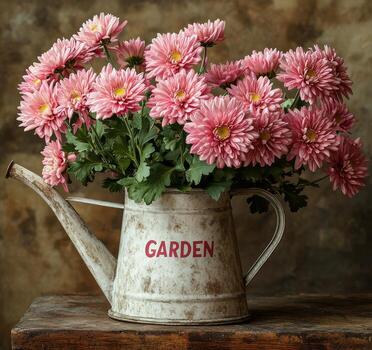 un hermosa arreglo de rosado crisantemos en un Clásico riego lata en un rústico de madera mesa foto