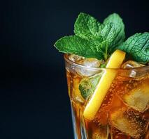 Refreshing drink with mint and orange served in a glass filled with ice photo