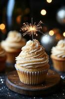 Delicious vanilla cupcakes with sparkler decorations at a festive celebration in joyful ambiance photo