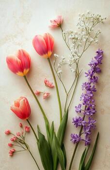 vistoso tulipanes y delicado floraciones arreglado hermosamente en suave pastel antecedentes foto