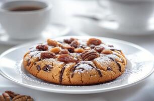 Freshly baked cookie with chocolate drizzle alongside two cups of coffee on a cozy table photo