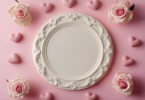 Delicate arrangement of pink roses and decorative hearts on a soft pink background photo