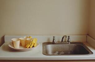 Cleaning gloves and containers next to an empty kitchen sink on a sunny day photo