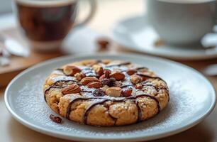Freshly baked cookie with chocolate drizzle alongside two cups of coffee on a cozy table photo
