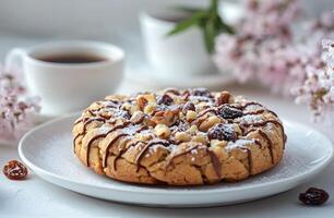 Freshly baked cookie with chocolate drizzle alongside two cups of coffee on a cozy table photo
