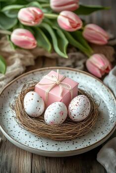 delicado rosado tulipanes y Pascua de Resurrección huevos arreglado en un rústico de madera mesa con un nido y regalo caja foto