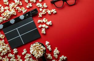 Enjoying a movie night at home with popcorn, glasses, and a clapperboard on a vibrant red table photo