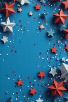 Colorful stars and shiny confetti scattered on a vibrant blue background for festive celebrations photo