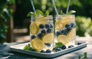 Refreshing lemonade with blueberries served in mason jars on a sunny outdoor table photo
