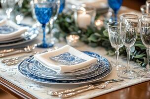 Elegant table setting with blue accents at a dining event during daylight photo
