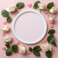 A decorative white frame surrounded by pink roses and heart shaped decorations on a pink backdrop photo