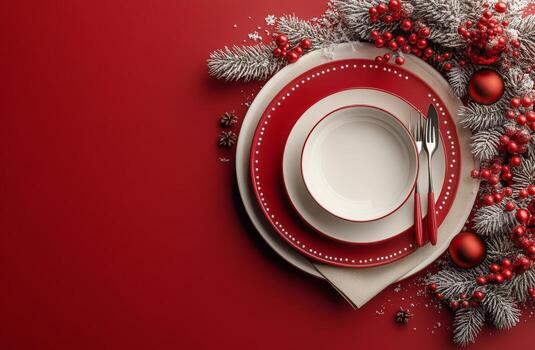 Elegant holiday table setting with red and white plates surrounded by festive decorations photo
