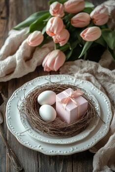 delicado rosado tulipanes y Pascua de Resurrección huevos arreglado en un rústico de madera mesa con un nido y regalo caja foto