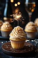 Delicious vanilla cupcakes with sparkler decorations at a festive celebration in joyful ambiance photo