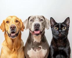 A joyful golden retriever, a calm gray lab, and a curious black cat pose together indoors photo