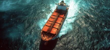 Aerial view of a large cargo ship navigating through ocean waves during daylight hours photo