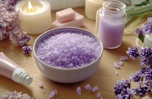 Spa day preparation with lavender bath salts and candles for a relaxing experience at home photo