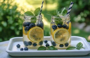 Refreshing lemonade with blueberries served in mason jars on a sunny outdoor table photo