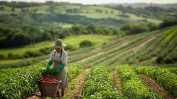 Harvesting red bell peppers in a sunny field during late summer in a rural farming area photo