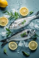 Freshly caught fish displayed on ice with lemon garnishes in a seafood restaurant setting photo