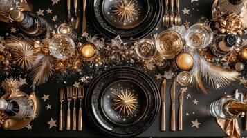 Elegant black and gold holiday table setting with decorative elements and twinkling lights photo