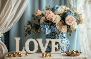 Bright setup with blue flowers, white love letters, and golden treats photo