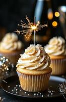 Delicious vanilla cupcakes with sparkler decorations at a festive celebration in joyful ambiance photo