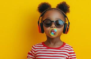 A girl stands confidently with headphones on, wearing oversized sunglasses photo