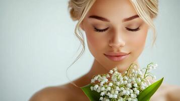Young woman holding a bouquet of small white flowers with closed eyes in a simple background setting photo