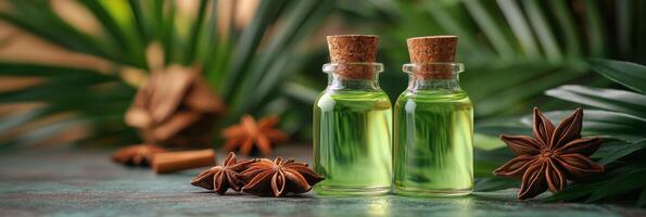 Botanical essential oil bottles with cork lids on a table surrounded by natural decor and plants photo